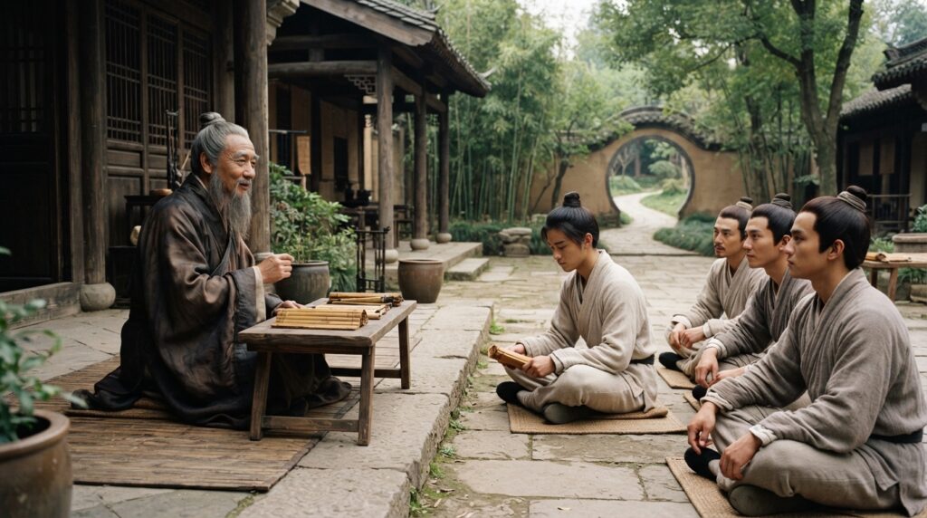 Confúcio compartilha ensinamentos com discípulos em um pátio tradicional da China antiga.