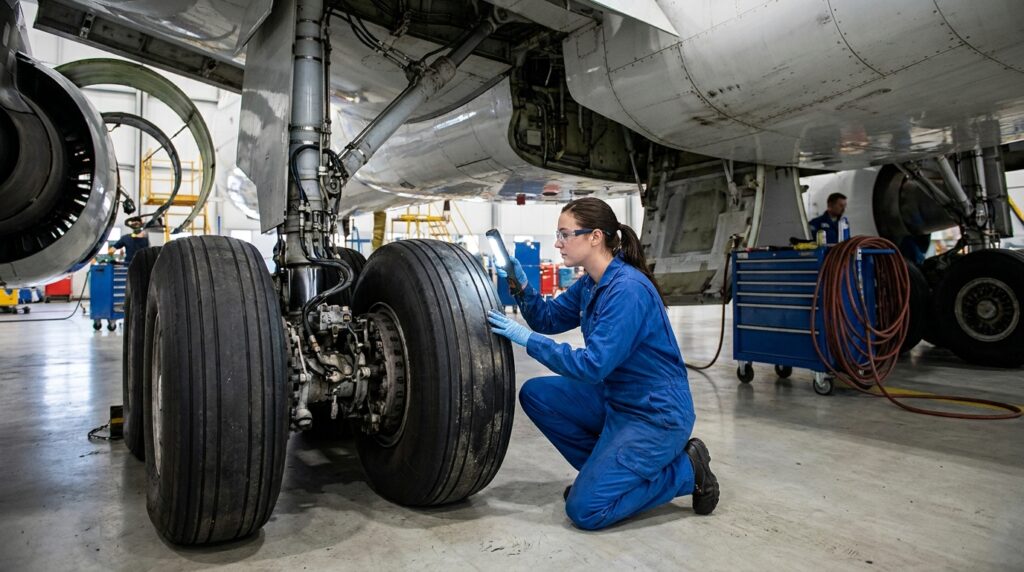 Técnico de manutenção aeronáutica examina os pneus e as rodas do trem de pouso de um avião comercial.