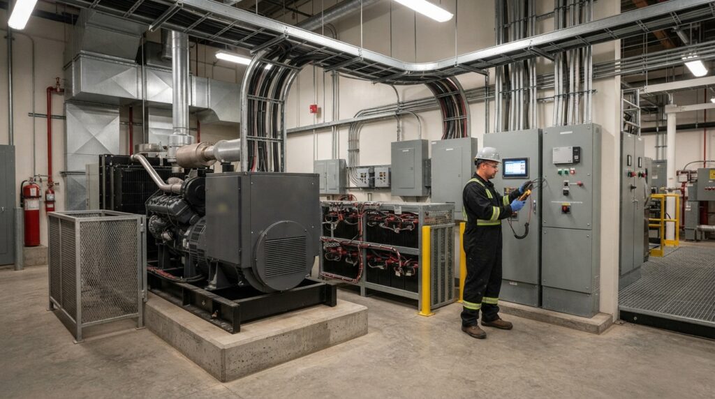 Gerador de emergência e baterias industriais utilizados para fornecer energia de reserva a instalações essenciais.