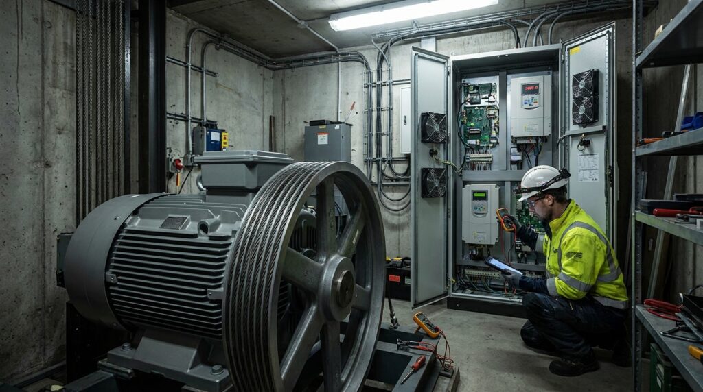 Motor de tração, polia e painel eletrônico de controle em uma sala de máquinas de elevador.