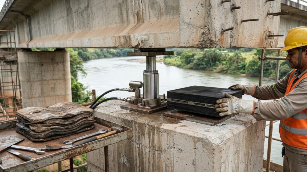 Detalhe ilustrativo de um aparelho de apoio de neoprene sendo posicionado entre a viga e o pilar de uma ponte, ao lado de um macaco hidráulico.