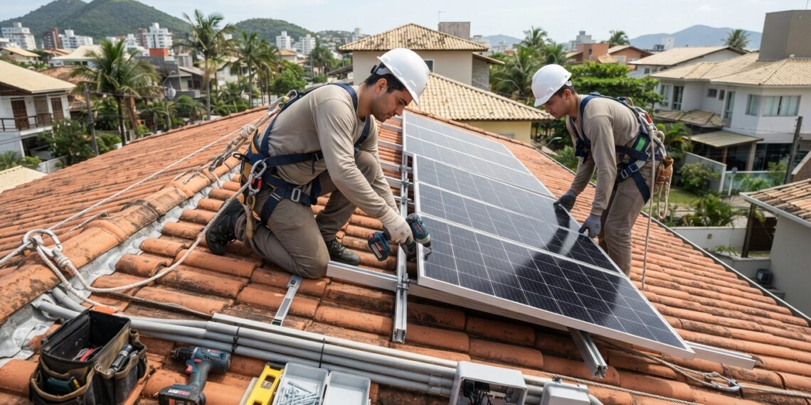 Técnicos com equipamentos de segurança instalam painéis solares na estrutura do telhado de uma residência.