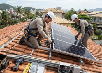 Técnicos com equipamentos de segurança instalam painéis solares na estrutura do telhado de uma residência.
