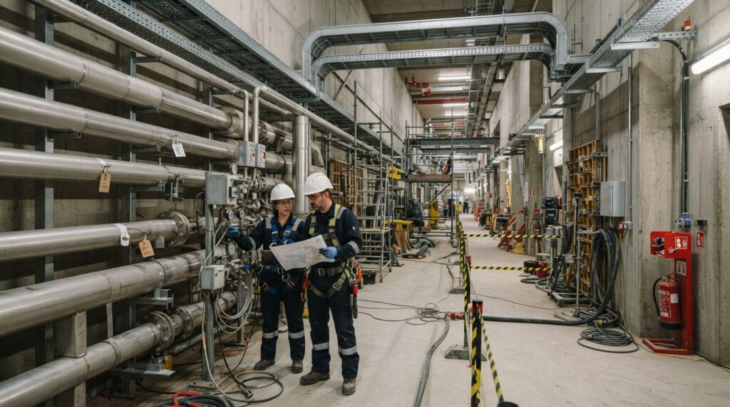 Detalhe de cabos elétricos, tubulações de aço inoxidável e válvulas industriais em montagem.