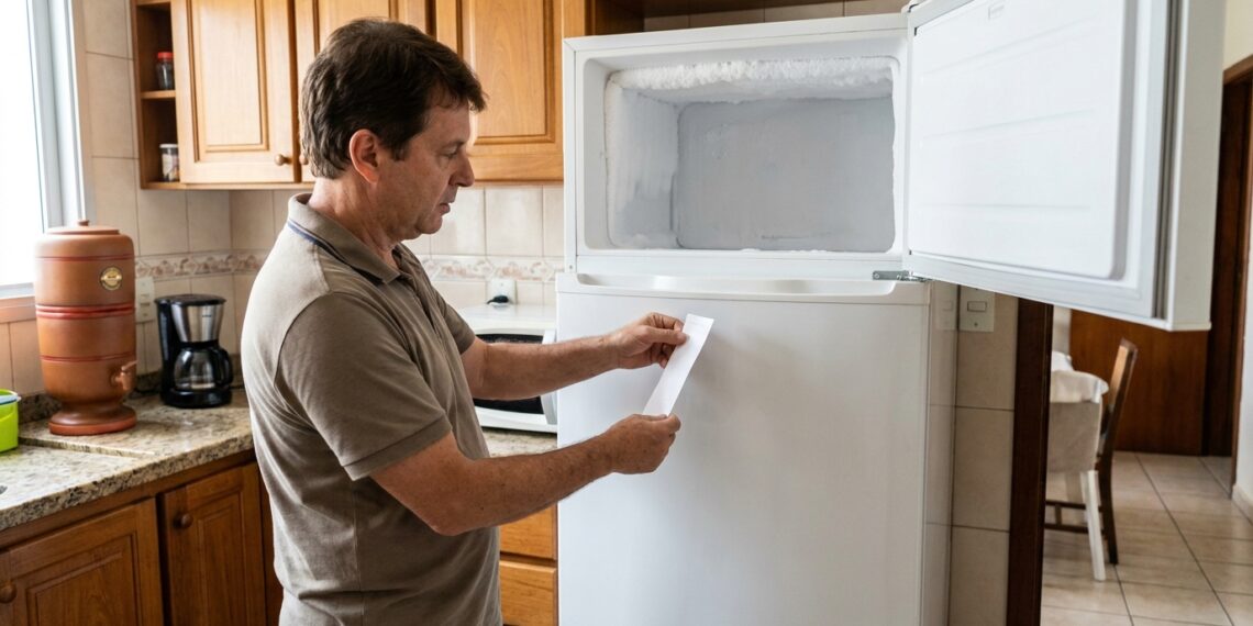 Pessoa coloca uma folha de papel entre a borracha e a porta do freezer para testar a vedação.