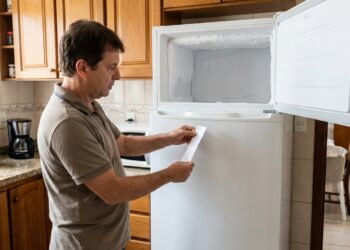Pessoa coloca uma folha de papel entre a borracha e a porta do freezer para testar a vedação.