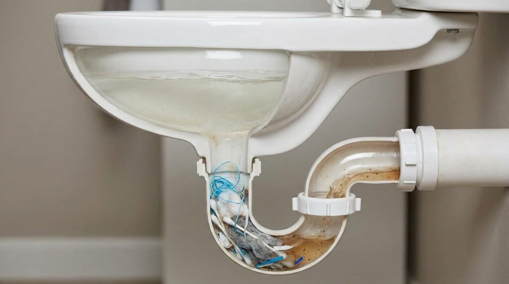 Resíduos fibrosos ficam presos na curva do vaso e acumulam outros materiais no encanamento.