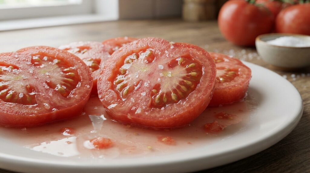 Mulher mistura azeite de oliva ao suco liberado pelos tomates salgados para preparar um molho de salada.