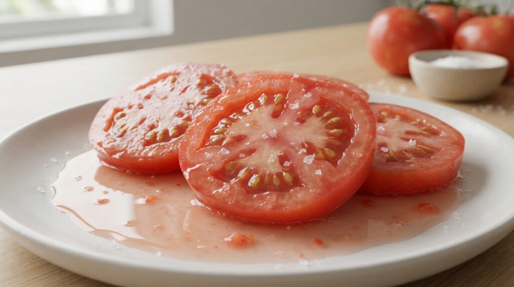 Fatias de tomate vermelho com pequenos cristais de sal e uma camada de suco acumulada ao redor da polpa.