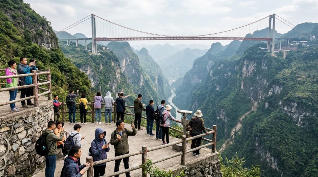 Visitantes observando a ponte do Grande Cânion de Huajiang a partir de um mirante nas montanhas chinesas.