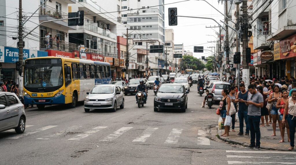 Cruzamento movimentado com semáforos apagados durante uma interrupção no fornecimento de energia.