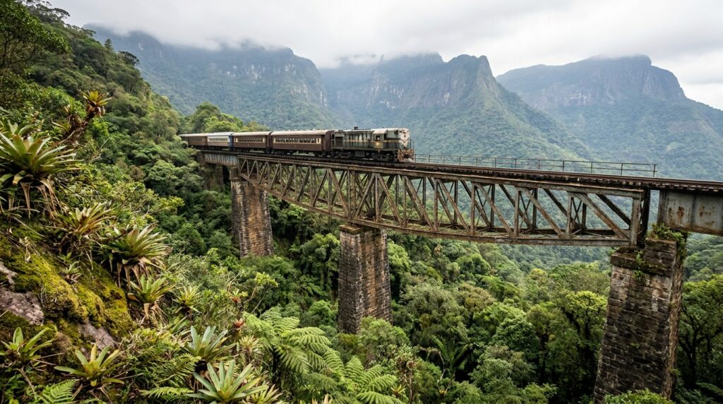 Trem cruzando um viaduto ferroviário sobre um vale profundo na Serra do Mar, no Paraná.