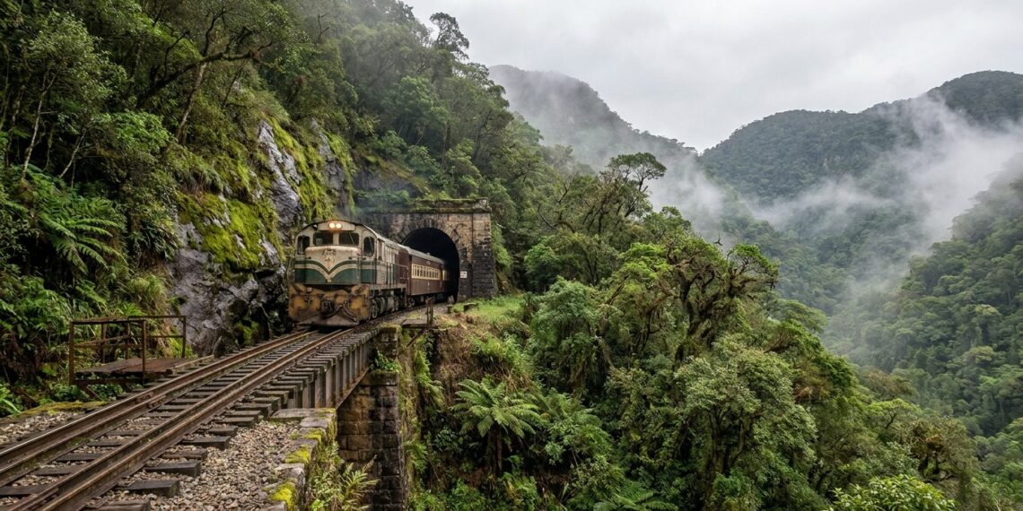 Trem ferroviário saindo de um túnel escavado na rocha em meio à Serra do Mar paranaense.