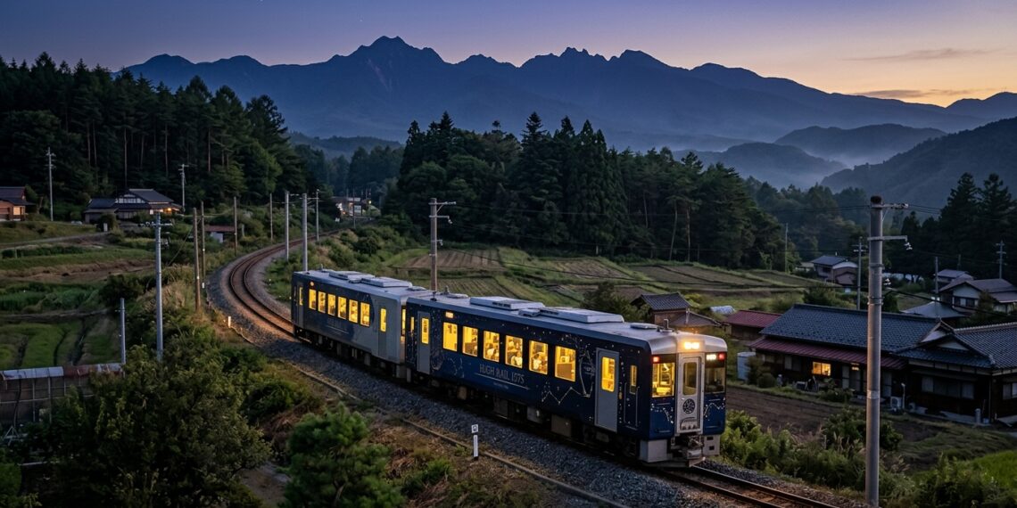 Trem turístico HIGH RAIL 1375 percorre uma região montanhosa do Japão ao anoitecer.