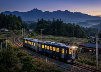 Trem turístico HIGH RAIL 1375 percorre uma região montanhosa do Japão ao anoitecer.