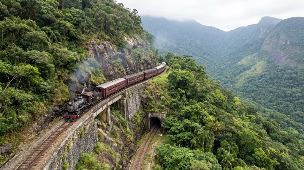 Trilhos da ferrovia Paranaguá-Curitiba contornando as encostas íngremes da Serra do Mar.