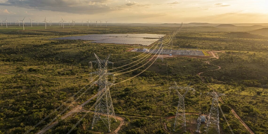 Torres de transmissão de energia elétrica atravessando o Cerrado brasileiro, com parques eólicos e solares ao fundo.