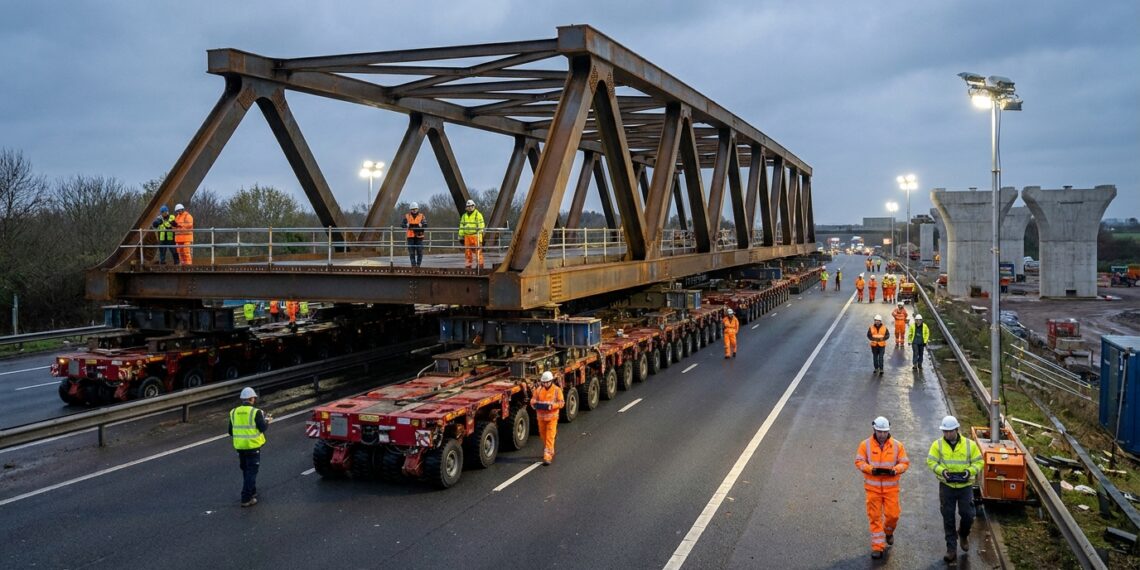Transportadores modulares autopropelidos levam um vão de 1.000 toneladas sobre a M42 até os pilares.