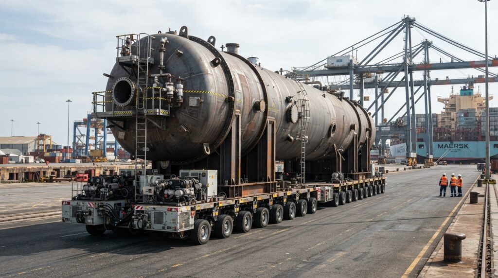 Engenheiros com equipamentos de proteção coordenam uma operação de transporte de um grande reator industrial.