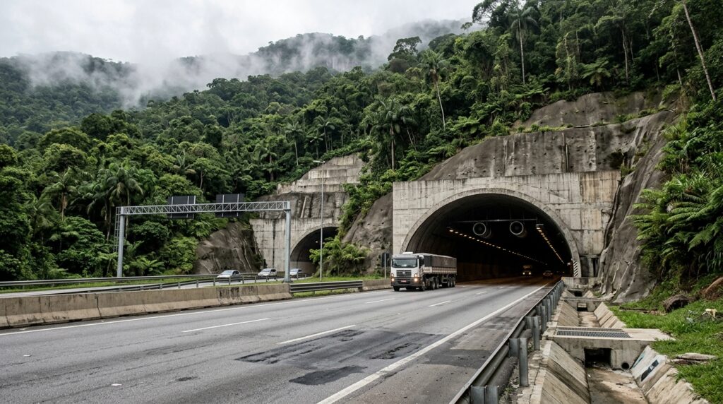Entrada de túnel rodoviário escavado em uma montanha coberta pela vegetação da Serra da Cantareira.