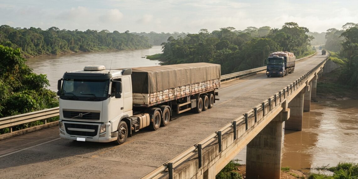 Caminhão de carga atravessa uma ponte rodoviária de concreto sobre um rio cercado pela vegetação amazônica.
