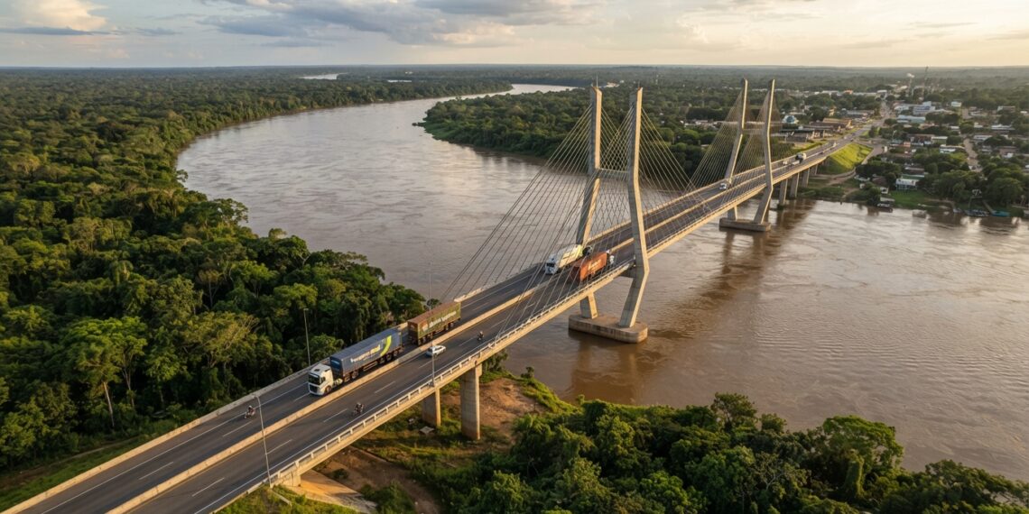 Representação da ponte binacional sobre o Rio Mamoré, com estrutura estaiada, caminhões e acessos rodoviários entre Brasil e Bolívia.