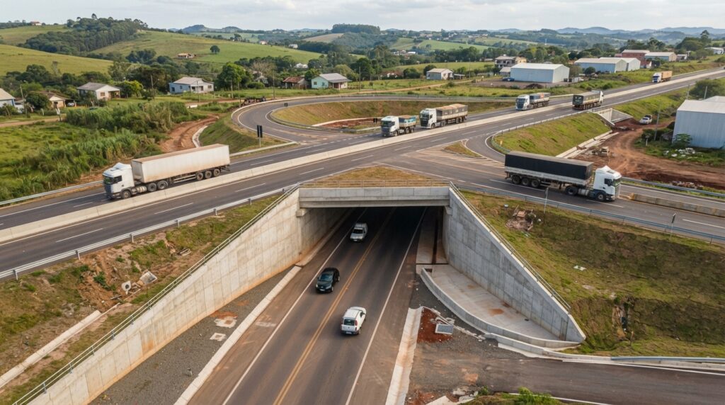 Vista aérea de passagem inferior rodoviária, com caminhões circulando sobre um viaduto de concreto e automóveis atravessando por baixo.