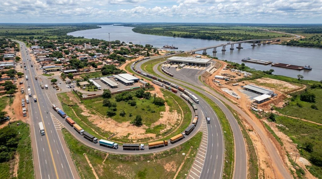 Caminhões seguem pelo novo contorno rodoviário de Porto Murtinho em direção à fronteira.