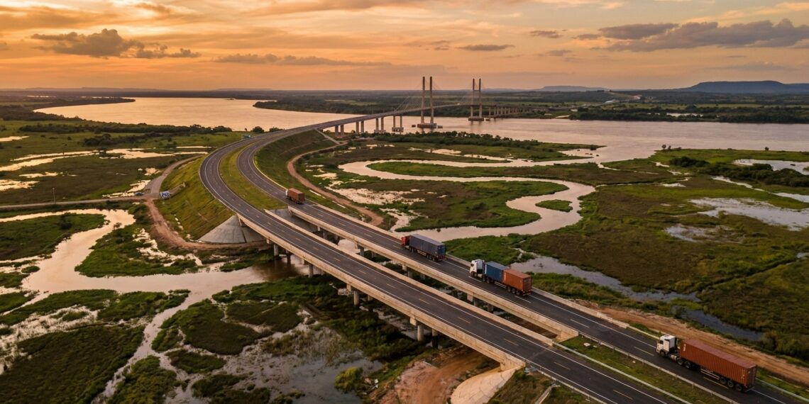 Nova rodovia na BR-267 segue em direção à ponte internacional sobre o Rio Paraguai.