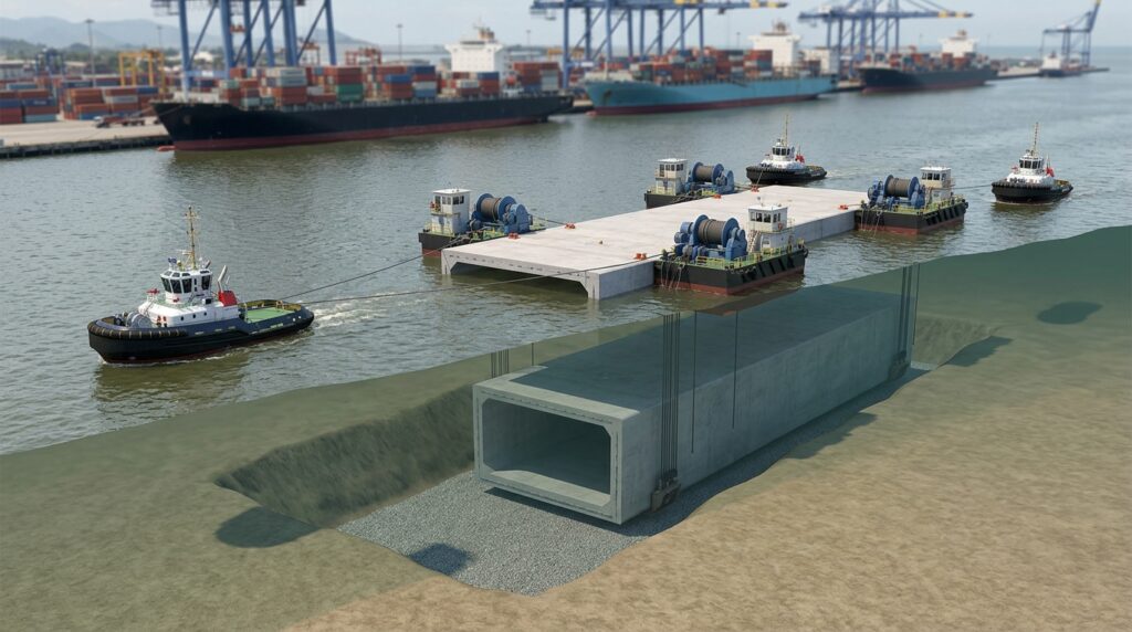 Módulo selado de concreto é rebocado e baixado de forma controlada até uma trincheira no fundo do canal.
