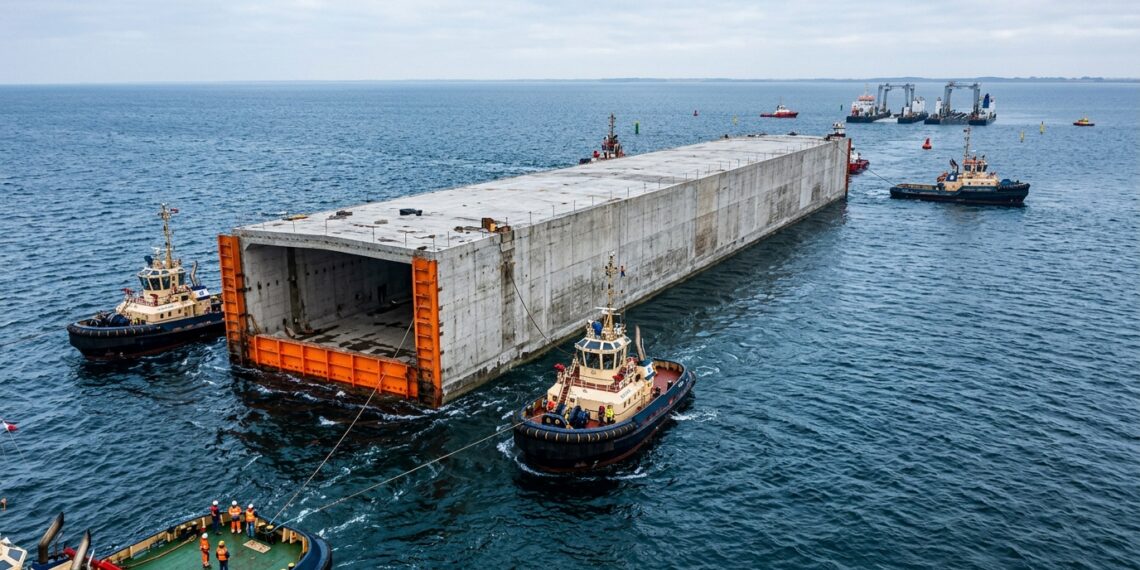 Elemento de 217 metros do túnel Fehmarnbelt é rebocado flutuando pelo mar.