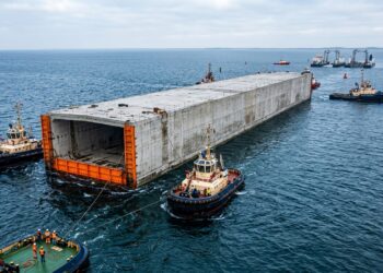Elemento de 217 metros do túnel Fehmarnbelt é rebocado flutuando pelo mar.