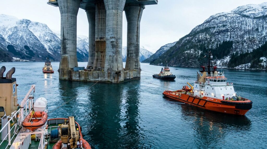 Fundação de uma plataforma offshore de concreto apoiada no leito marinho, com saias penetrando no solo argiloso.