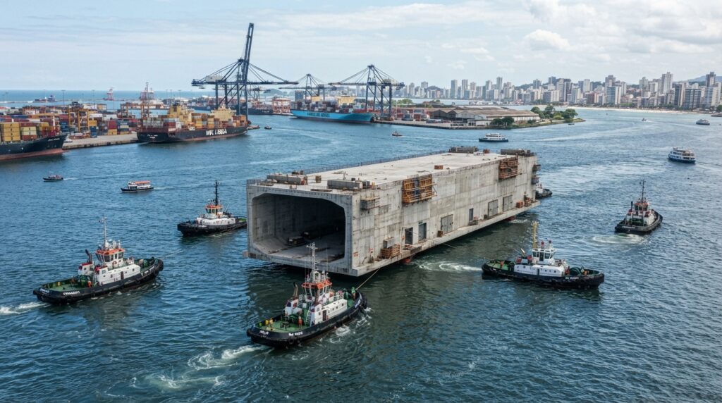 Módulo gigante de concreto para túnel imerso sendo transportado por rebocadores em um canal portuário.