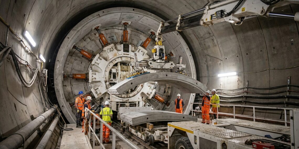 Braço mecânico instala aduelas pré-moldadas para formar um novo anel de concreto dentro do túnel.