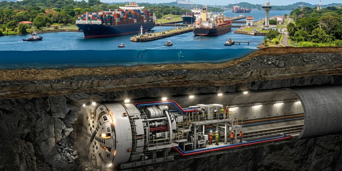 Tuneladora de 13,5 metros escava o túnel do metrô sob o Canal do Panamá.