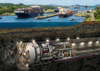 Tuneladora de 13,5 metros escava o túnel do metrô sob o Canal do Panamá.