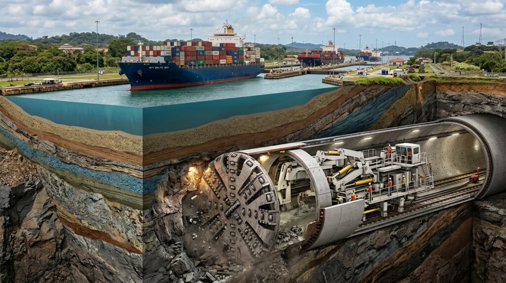 Cabeça de corte da Mixshield escava rocha saturada sob o Canal do Panamá.