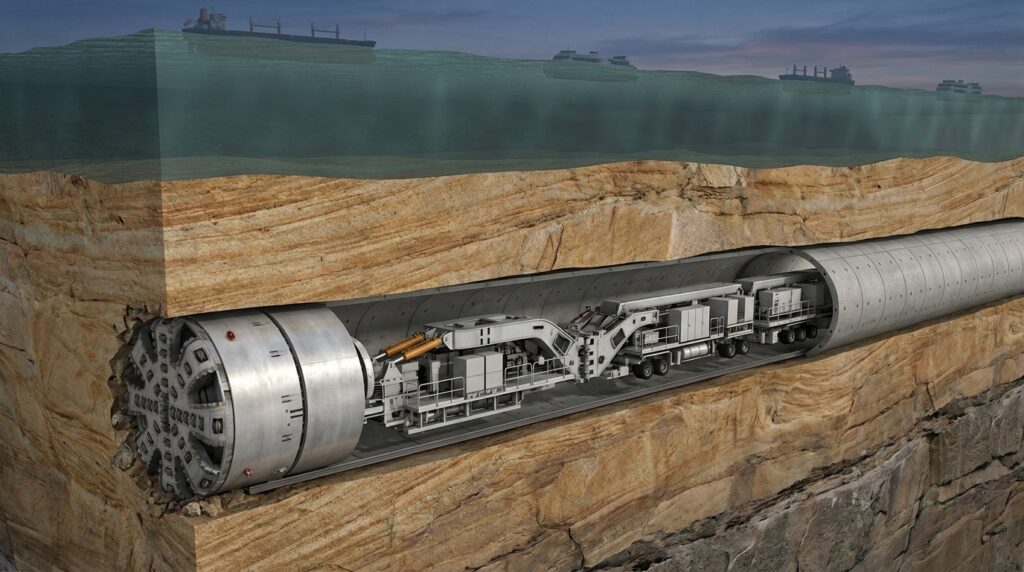 Grande módulo de tuneladora é baixado por um poço até a caverna subterrânea.