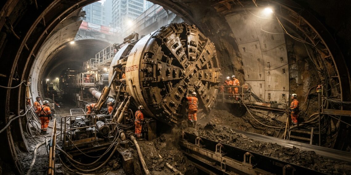 Grande tuneladora utilizada na escavação de túneis subterrâneos para linhas de metrô.