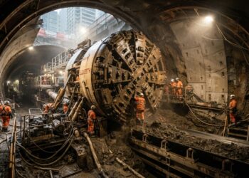 Grande tuneladora utilizada na escavação de túneis subterrâneos para linhas de metrô.