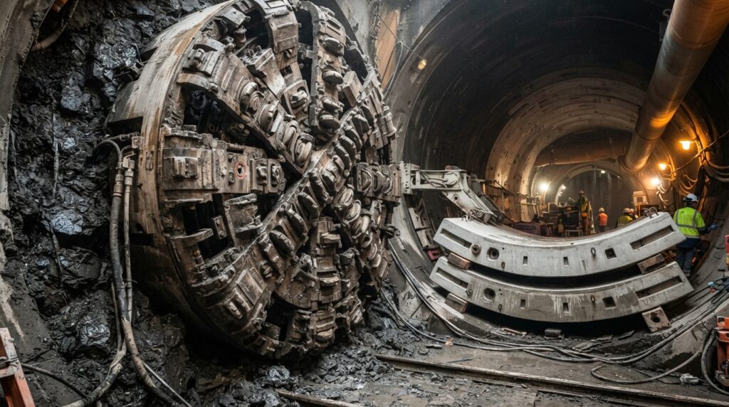 Detalhe dos discos metálicos da roda de corte de uma tuneladora e das aduelas de concreto usadas no túnel.
