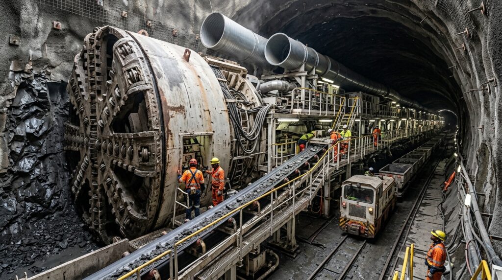 Tuneladora gigante ocupa centenas de metros dentro de um túnel escavado em rocha.