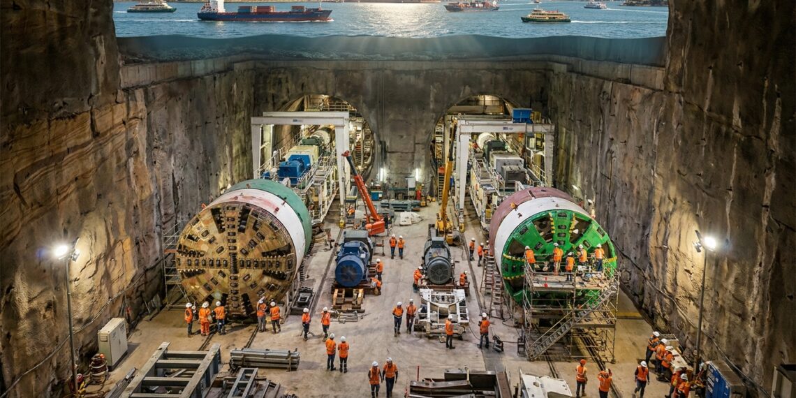 Duas tuneladoras gigantes são montadas dentro de uma caverna sob o porto de Sydney.