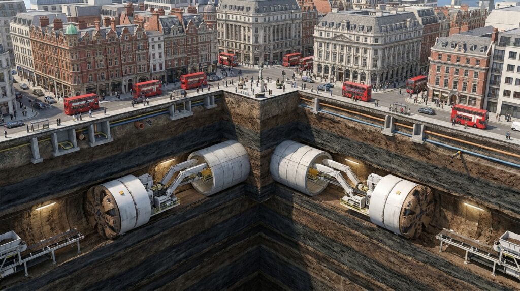 Duas tuneladoras escavam túneis paralelos sob Londres enquanto montam anéis de concreto atrás da frente de corte.