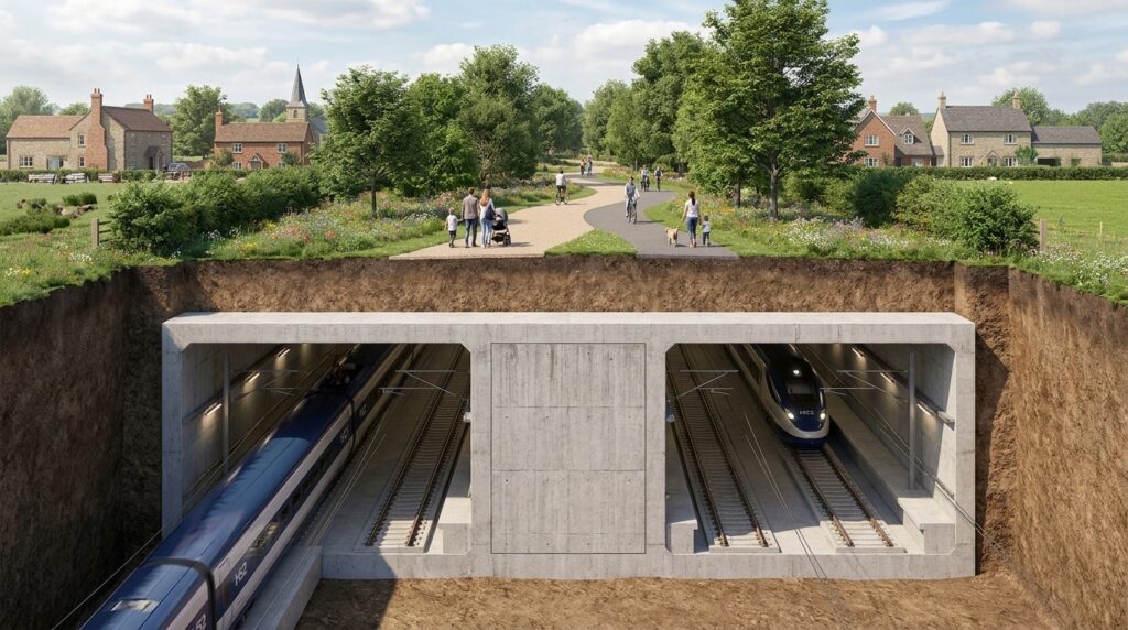 Corte mostra túnel duplo de 16 metros sob Burton Green com área verde e caminho para pedestres na superfície.
