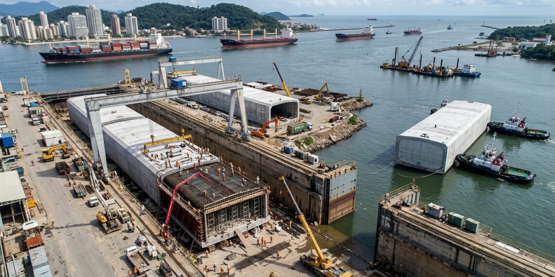 Bloco gigante de concreto é fabricado em doca seca antes de ser levado ao canal de Santos.