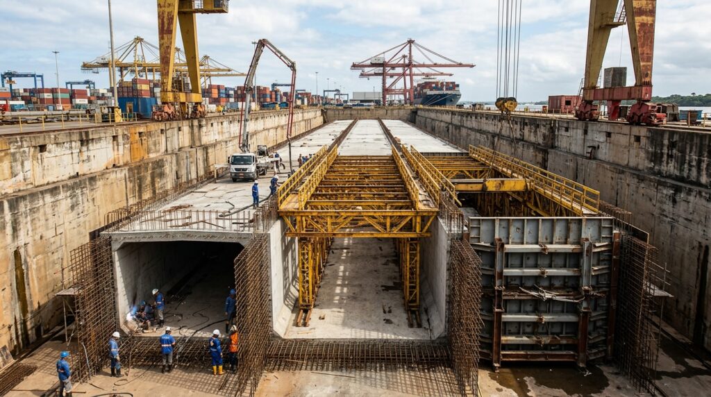 Grande módulo de concreto do túnel é construído dentro de uma doca seca.