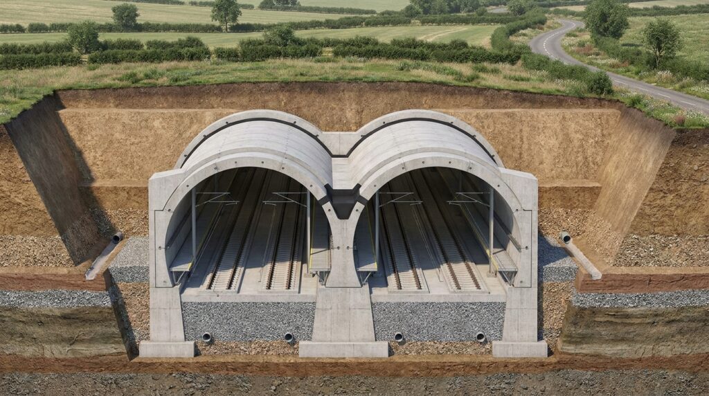 Corte mostra as duas galerias do túnel enterradas sob o solo.