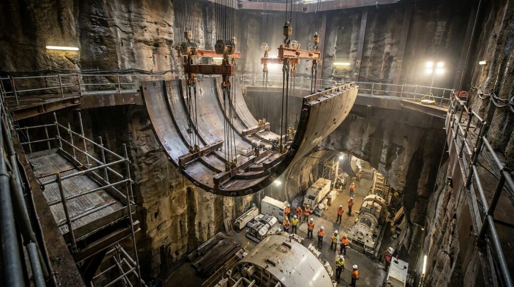 Corte mostra tuneladora articulada seguindo uma curva sob o porto de Sydney.